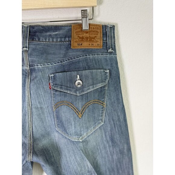 Levis 514 Jeans Men 36 X 30 Blue Slim Straight Droit Medium Wash Flap Pockets - Picture 7 of 12